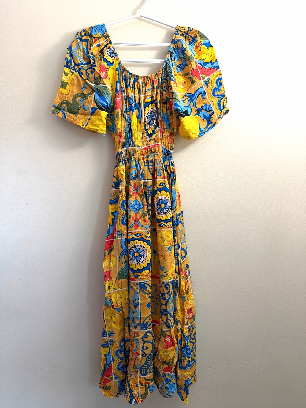 Yellow Floral Print Puff-Sleeve Maxi Dress
